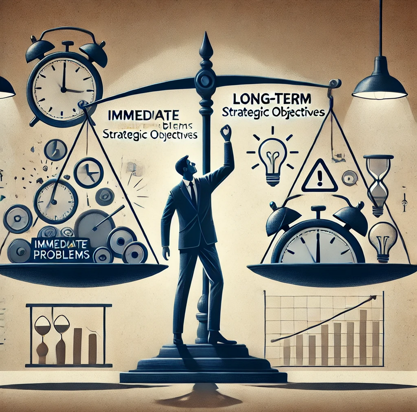 Image 7: Un dirigeant équilibrant une balance, illustrant la lutte pour trouver l'équilibre entre les problèmes immédiats et les objectifs stratégiques à long terme, dans un style graphique et symbolique.